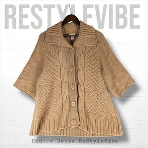 CHICOS Women’s Size 3 (XL) Sweater Cardigan Topper Cable Knit Collar 1/2 Sleeve